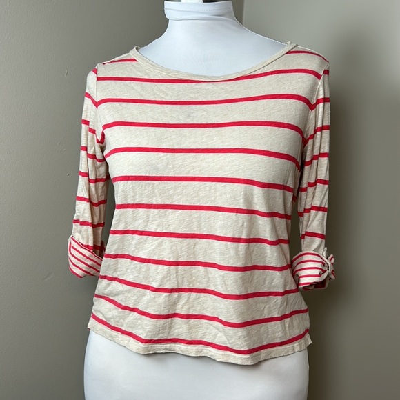 JCPENNEY Stripes Tee Three Quarter Button Sleeve Cream Red Size Large - Picture 1 of 4